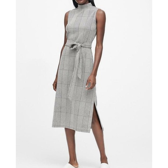 Banana Republic Dresses & Skirts - Banana Republic Glen Plaid Mock Neck Sleeveless Midi Dress Belted Black White 10